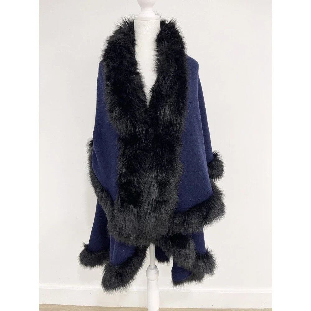 Donna Lepure Navy 100% Wool Knit Shawl Wrap Women Old Money Mob Wife Faux Fur